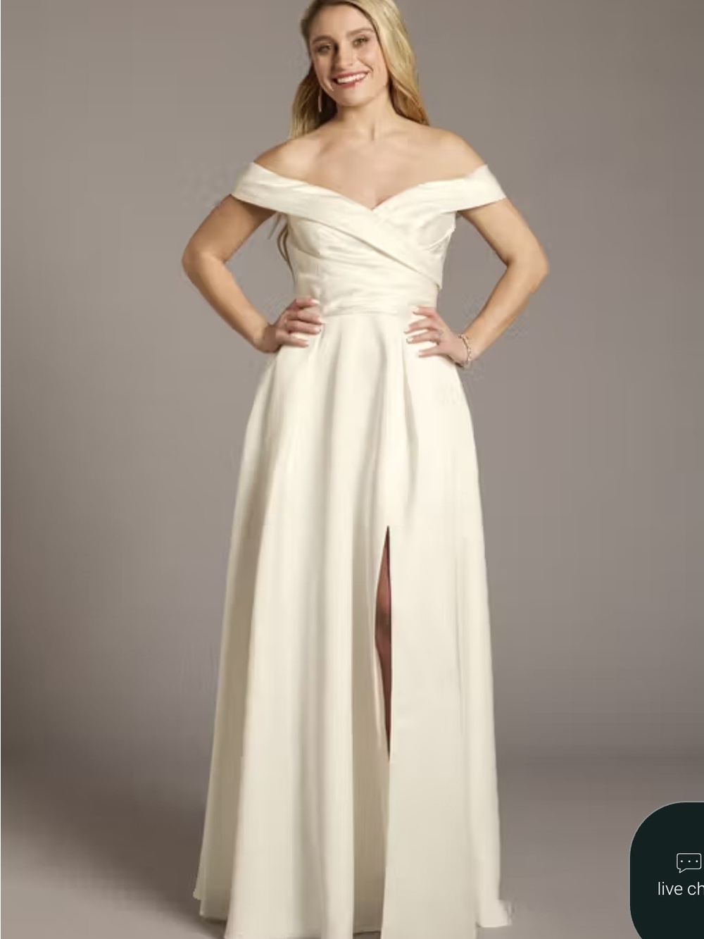Db Edit Off-Shoulder Cream Wedding Gown with Front Slit Size 6 Nwt